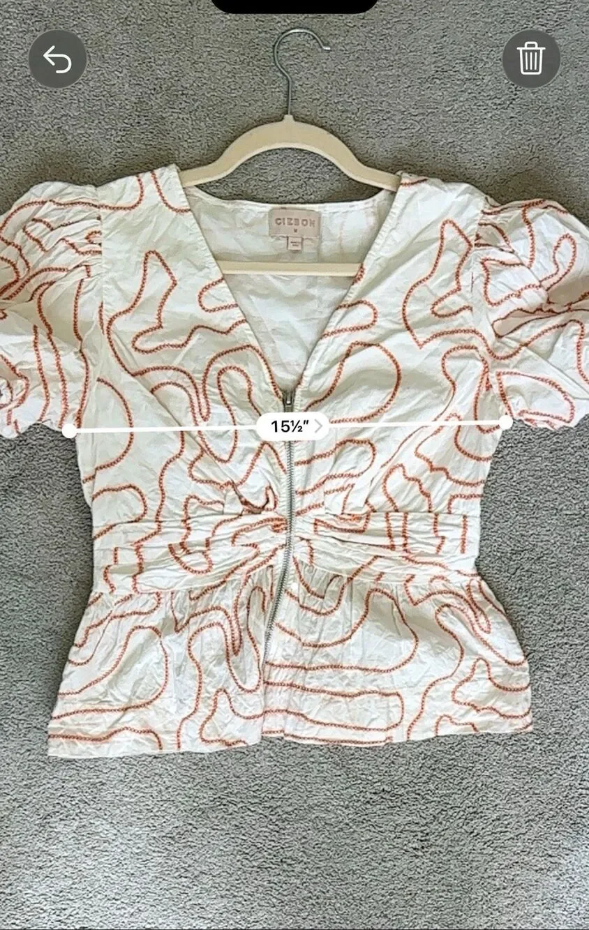 NWOT Ciebon White & Coral Embroidered Puff Sleeve Zip Front Blouse Med E45
